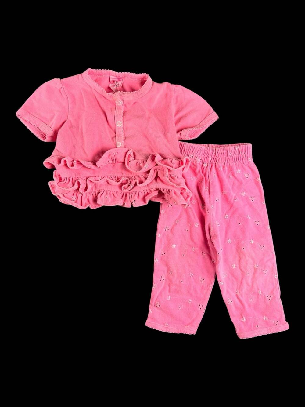 Buster Brown Baby Girl Pink Short Sleeve Ruffled Shirt and Pants 2-Piece Set